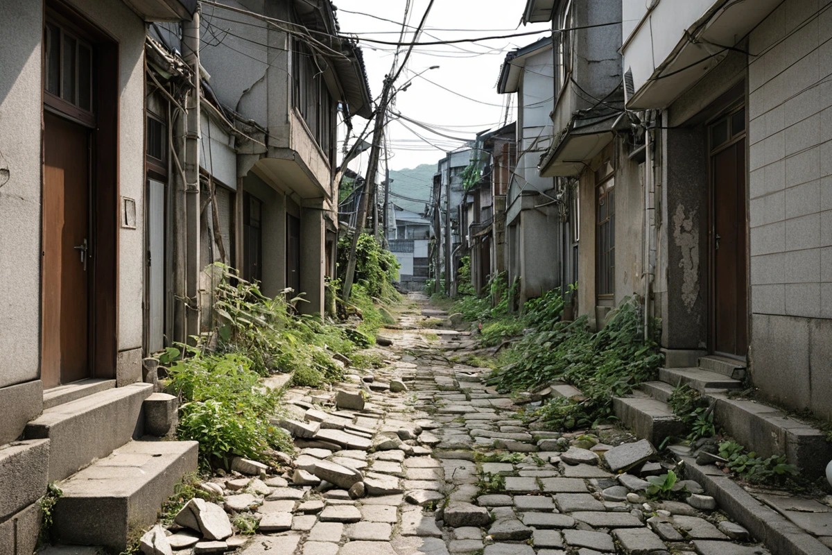 1990년대 이전 건물 철거 현장, 구조적 결함이 드러난 벽과 부서진 콘크리트 조각이 산재한 모습, 봉천동 주택가의 조용한 골목길 배경