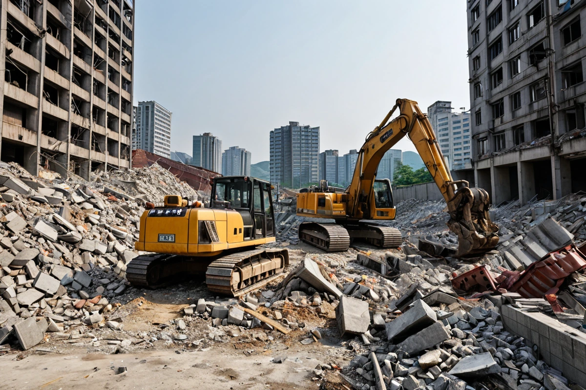 2024년 동작구 철거 비용 정확한 견적 절차와 비용 구성, 서울 용산구 이촌동 철거 절차의 단계별 설명 관련 실제 현장을 담은 사실적인 사진, 사람(인물)이 전혀 등장하지 않게