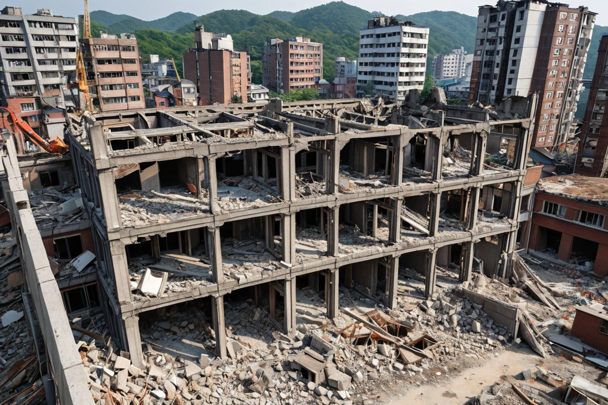 가양동의 주택 철거 현장에서 수동 철거 작업 중인 도구와 철거된 건물의 구조를 보여주는 사진, 건물의 복잡한 구조와 면적을 분명히 드러낸 촬영