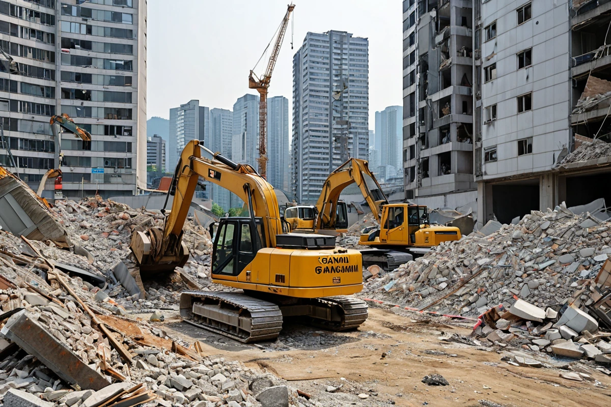 강남구 도심 속에서 철거 작업 중인 철거 기계와 철거된 건물 잔해가 정리된 모습, 주변 건물과 인접한 공간에서 소음 방지 차단막이 설치된 도심 철거 현장