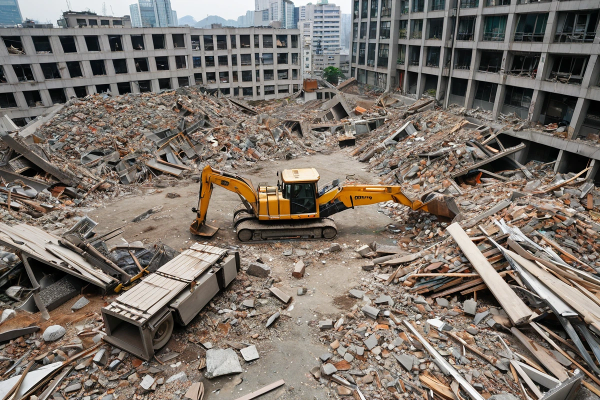 강남구 오래된 상가 건물 철거 현장, 철거 중인 건물의 외관과 주변에 쌓인 재활용 가능한 자재 더미, 철거 후 철거된 건물의 잔해와 재활용 자재들이 정리된 모습