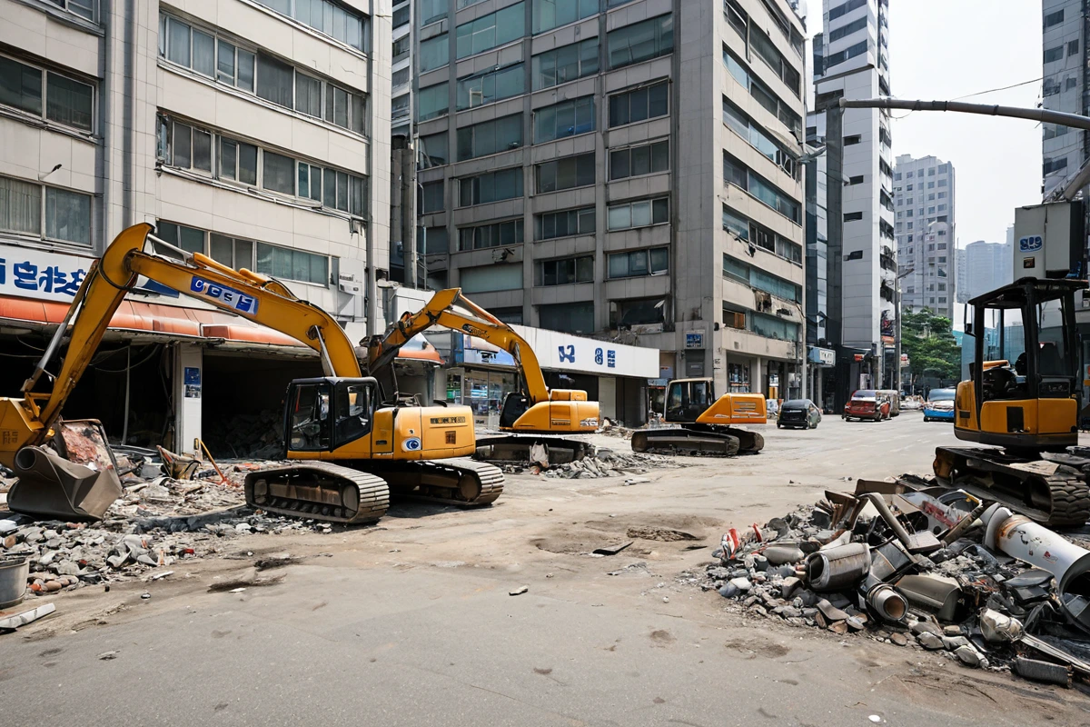 강남구 주변 상가와 인접한 주유소 철거 현장, 철거 중인 주유 탱크와 주변 상가 건물의 외관이 보이는 평면적 장면, 철거 작업 중인 장비가 주변 교통 흐름을 방해하지 않는 모습