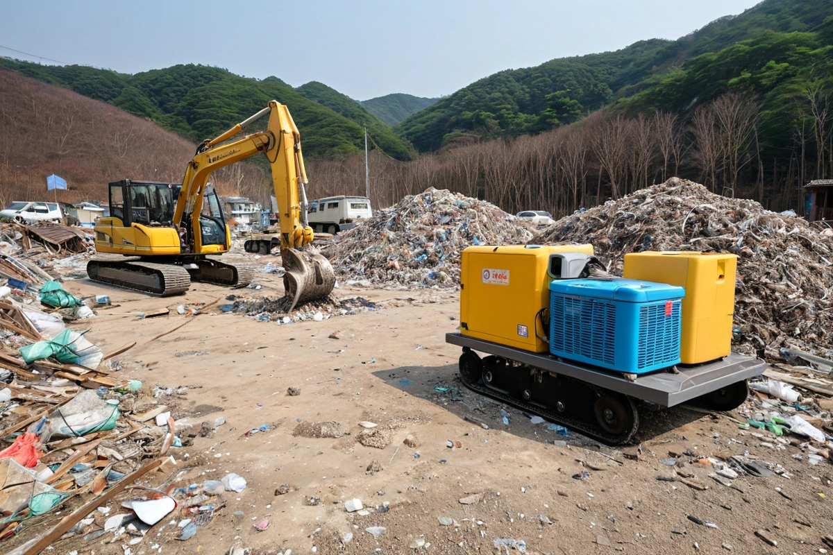 강서구 가산동의 매장 철거 후 청소 현장에서 대형 잔해 제거 작업 중인 청소 장비가 청소 범위를 넓게 잡은 상태로 배치되어 있는 모습. 미세먼지 제거를 위한 공기 청정기와 함께 청