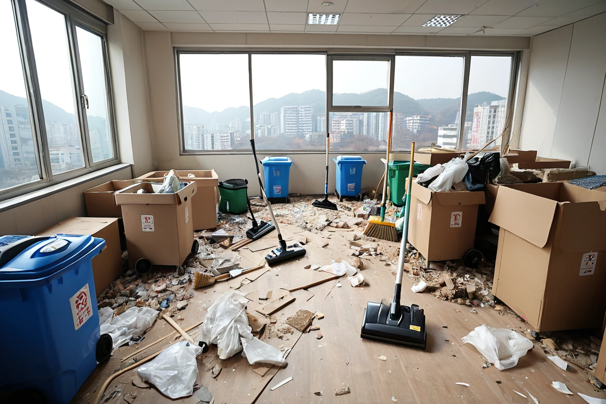 강서구 발산동 사무실 철거 후 청소, 5단계로 깔끔하게 정리하는 법, 철거 후 청소의 주의사항 관련 실제 현장을 담은 사실적인 사진, 사람(인물)이 전혀 등장하지 않게 합니다. 손