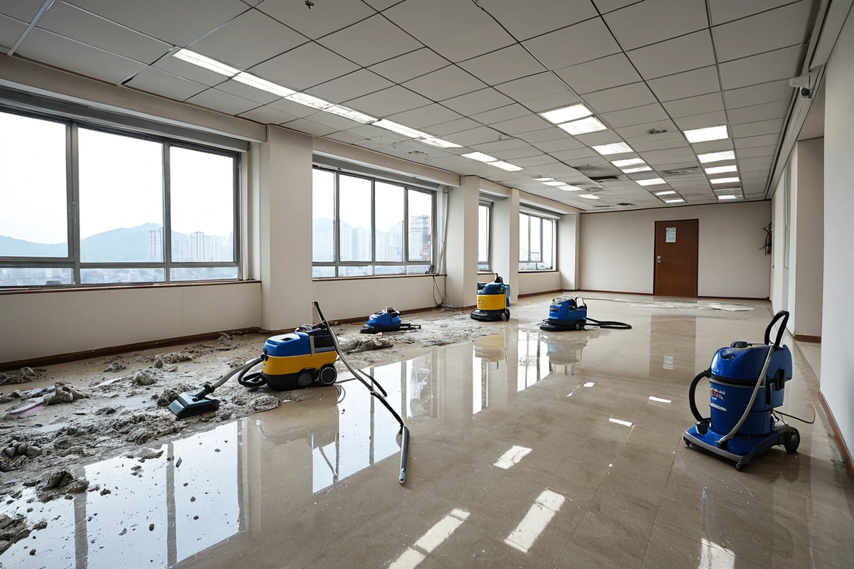 강서구 발산동 사무실 철거 후 청소 현장, 미세먼지가 남지 않도록 청소된 바닥과 벽면의 깨끗한 모습, 건강과 안전을 고려한 청소 작업의 구체적인 모습
