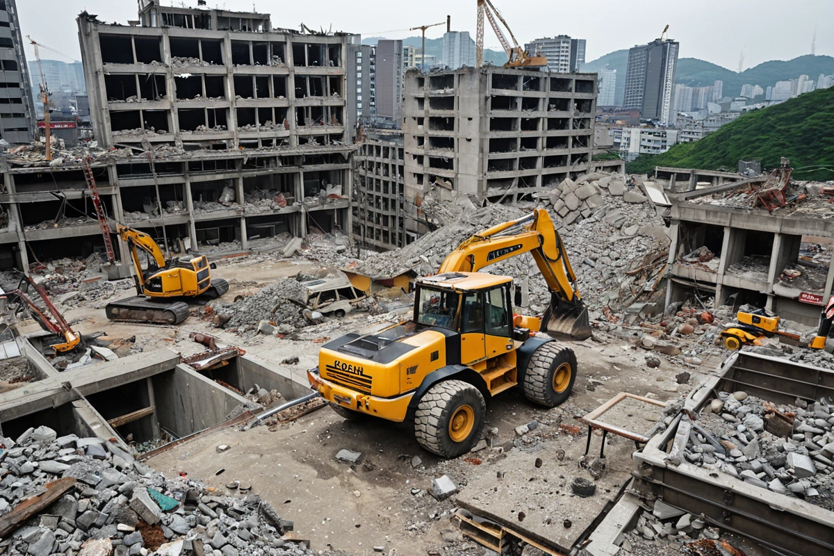 강서구 발산동 상업지역 사무실 철거 현장에서 구조물의 크기와 잔해물 종류가 드러나는 철거 작업 중인 공간. 철거된 구조물의 잔해와 철거 도구가 정리된 모습.