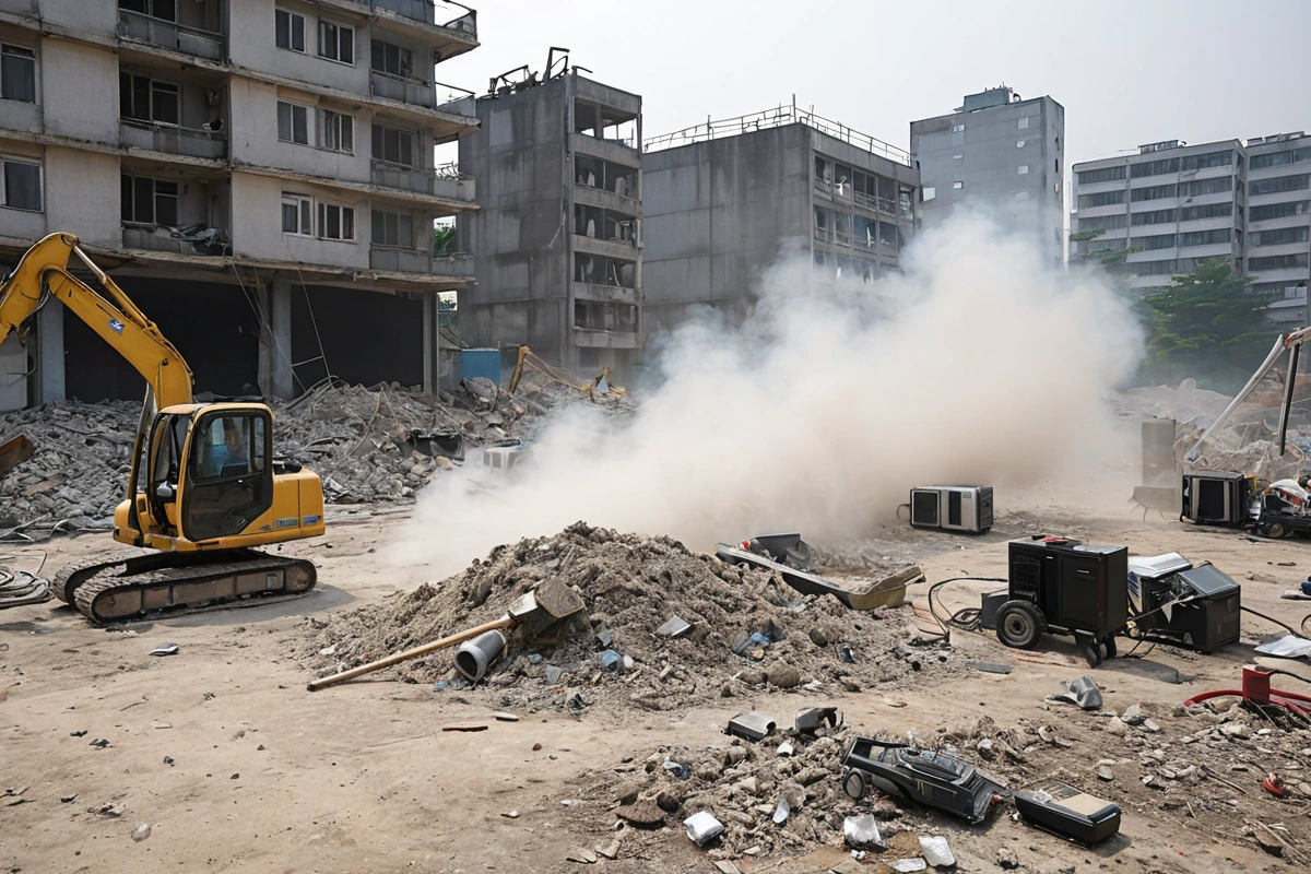 강서구 발산동의 오래된 건물 철거 후 남은 미세먼지가 떠다니는 공기 속에 공기 청정기와 청소 장비가 배치된 사실적인 장면