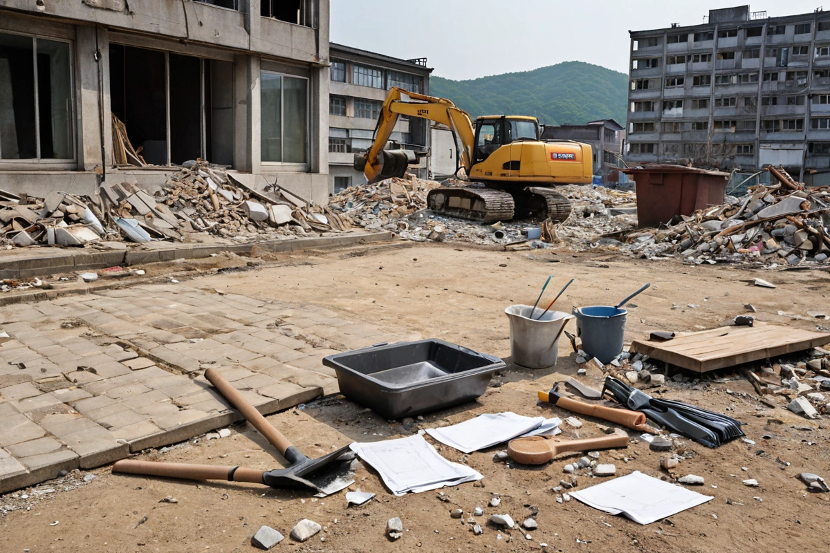 강서구 발산동의 오래된 건물 철거 후 남은 잔해와 청소 도구가 정리된 공간, 철거 후 청소 비용 관리를 위한 예산 계획서가 테이블 위에 놓여 있는 자연스러운 장면