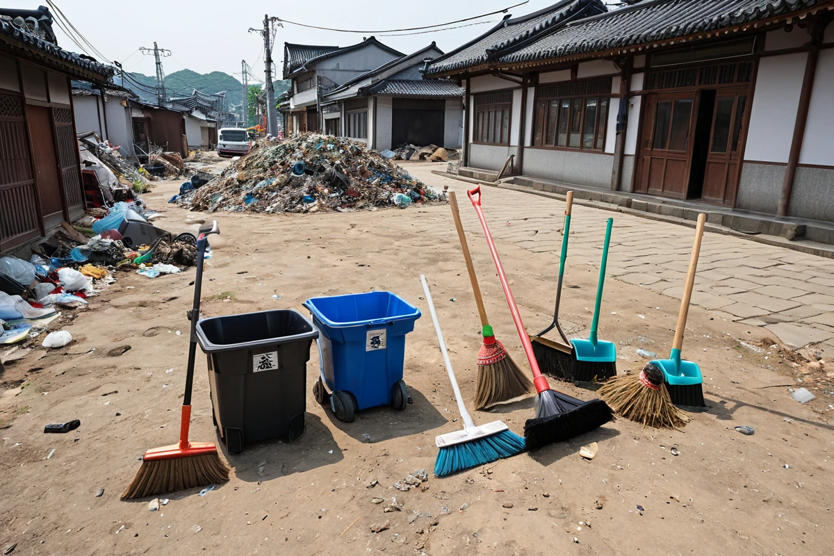 강서구 발산동의 철거 후 청소 현장에서 철거로 남은 잔해와 폐기물이 정리된 모습. 철거 후 청소 비용을 고려한 청결한 공간과 함께 철거 규모에 맞는 청소 도구가 배치되어 있는 사실
