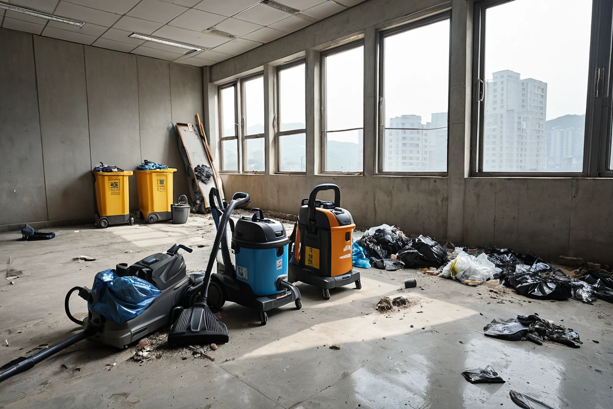 강서구 사무실 철거 후 청소, 5단계로 깔끔하게 완료하는 실전 가이드, 주의사항과 안전 관리 관련 실제 현장을 담은 사실적인 사진, 사람(인물)이 전혀 등장하지 않게 합니다. 손·