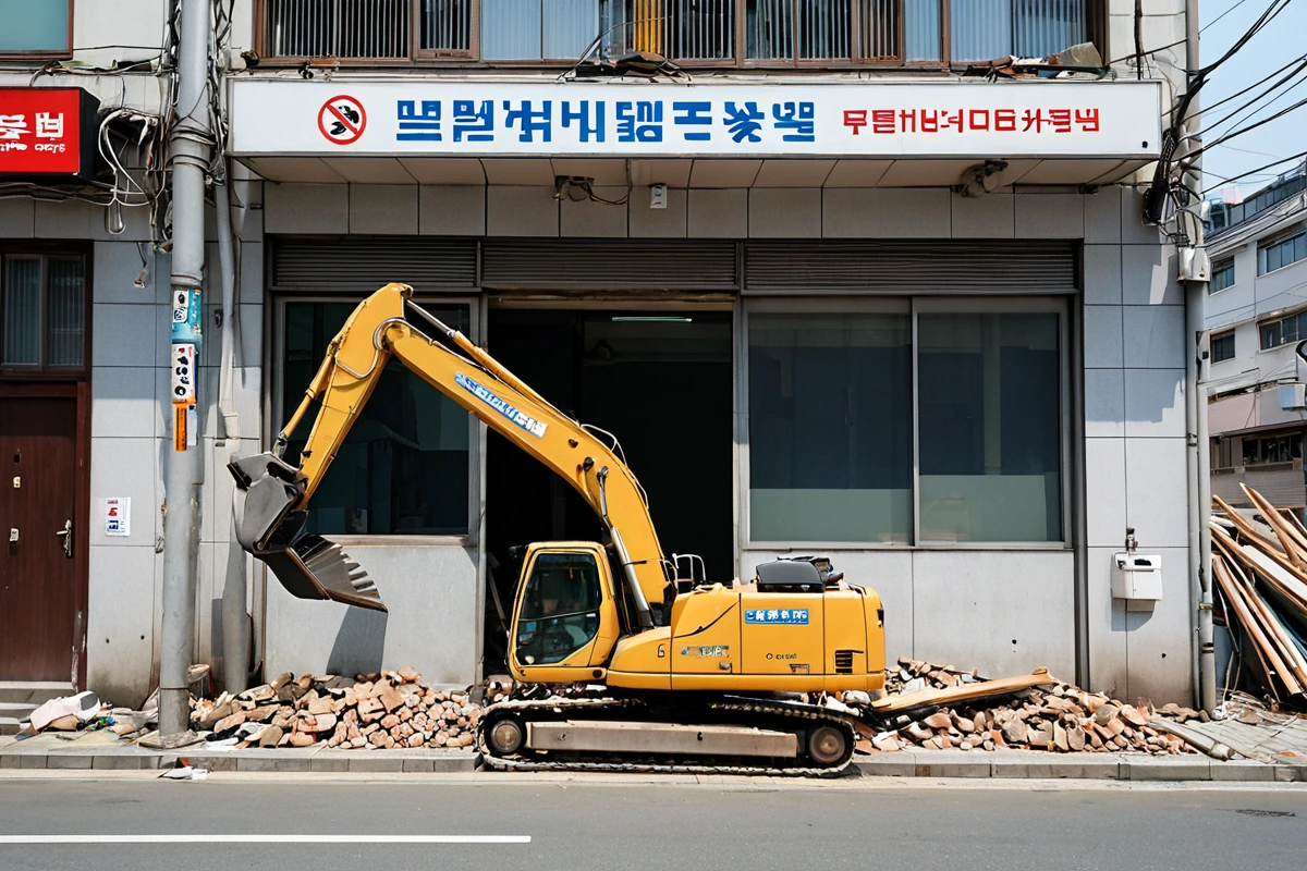 관악구 도곡동 지역의 철거 전문업체 사무실 외부, 깔끔하게 정리된 사무실 건물과 간결한 간판이 보이는 풍경