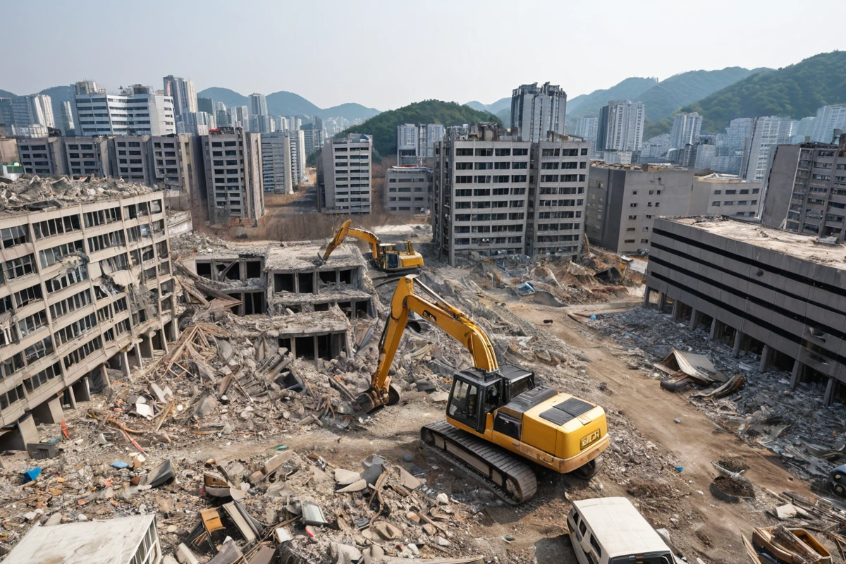 관악구 사무실 철거 현장의 전경, 구조물이 철거 중인 모습과 주변 건물과의 거리감이 잘 보이는 현실적인 사진