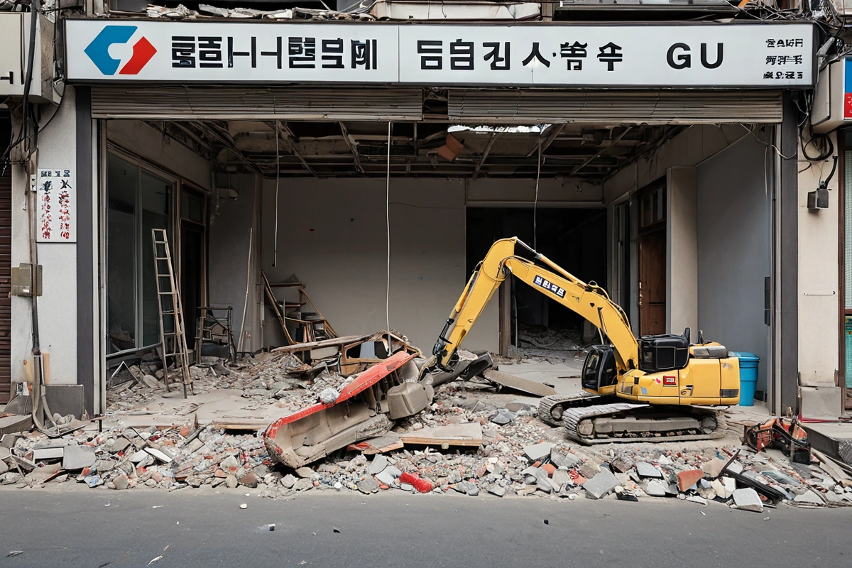 관악구 석관동 매장 철거 전 현장 점검을 위한 철거 업체의 장비가 정리된 모습. 현장의 구조물과 철거 전 상태를 확인하는 도구가 함께 배치된 사실적인 장면.
