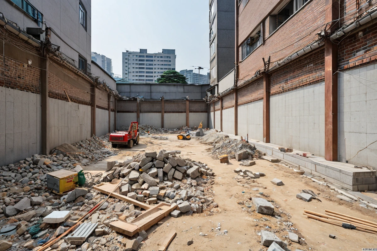 관악구 오금동 지역의 매장 철거 후 복구 작업 현장, 철거된 벽면과 바닥이 정리된 공간에서 복구를 위한 자재가 정리되어 있는 모습