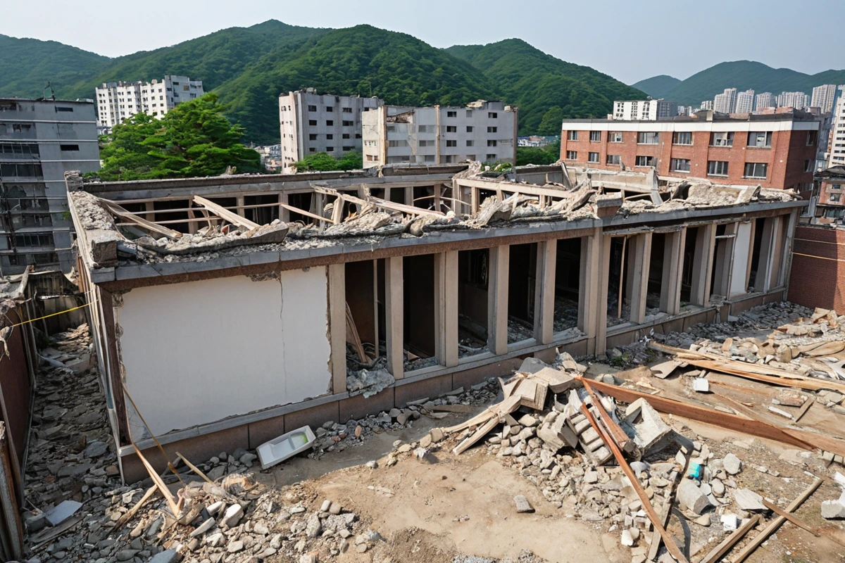 노후화된 강서구 발산동 건물의 철거 현장에서 구조적 손상을 방지하기 위해 설치된 지지대와 안전 테이프가 보이는 장면. 철거 중인 구조물 주변에 철거 전의 원형이 보입니다.