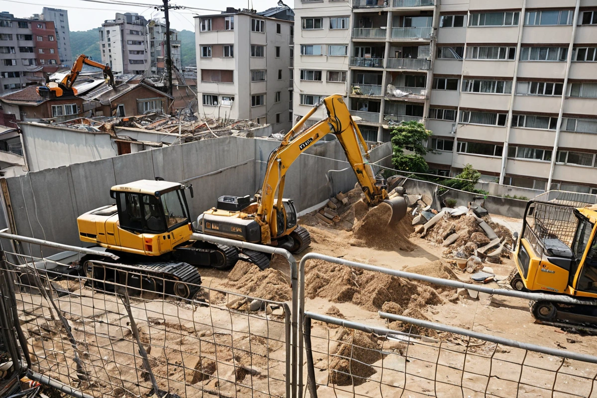 도봉동 주거 지역의 철거 현장, 주변 주민의 집과 인접한 곳에서 철거 작업 중인 장비가 주변 주민의 집을 방해하지 않도록 주의 깊게 설치된 모습. 철거 중 발생하는 먼지가 차단된