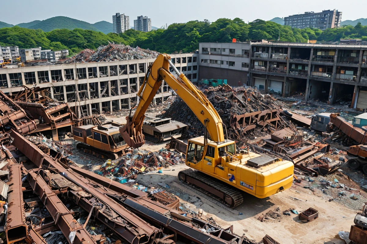 봉천동 A아파트 철거 현장에서 철거 작업 중인 장비가 철재 재활용을 위해 정리된 모습. 철골 구조물이 많아 보이는 철거 현장에서 폐기물 처리 장비가 철재를 분류하는 모습.