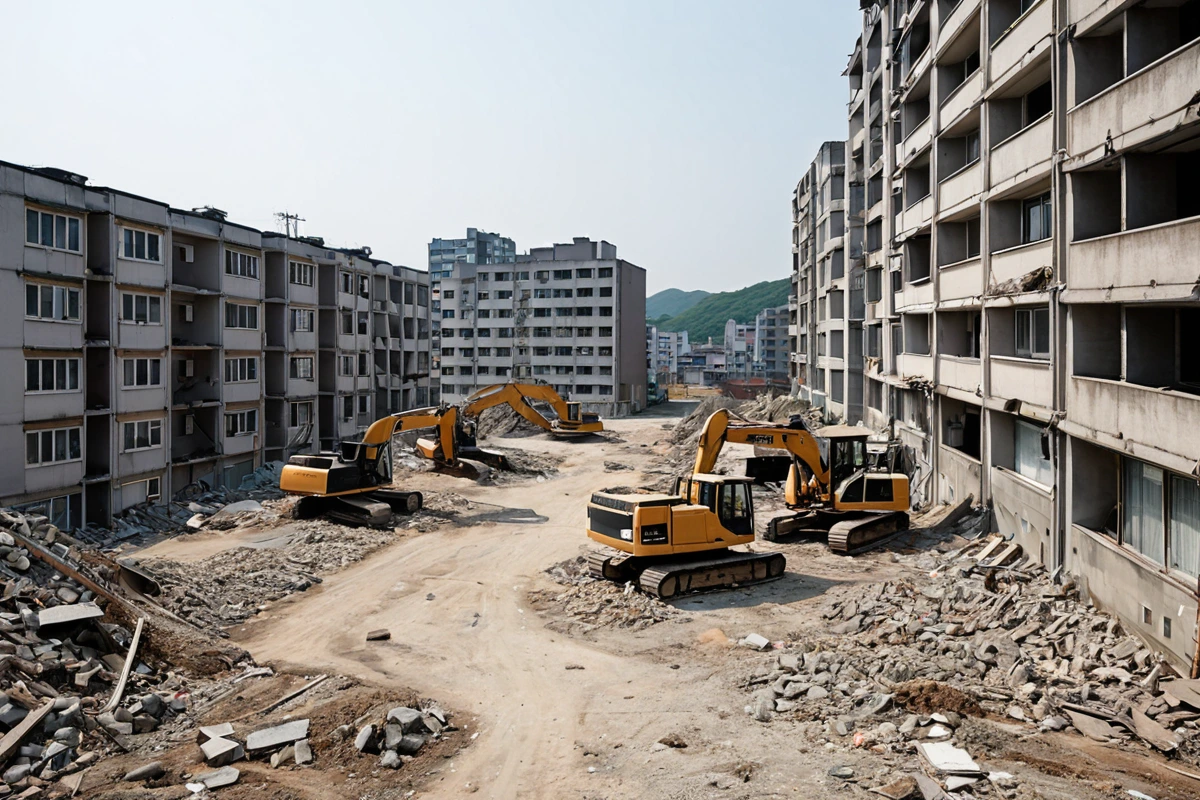 봉천동 고밀도 주거지역의 주택 철거 현장, 철거 중인 건물 외관과 주변 주거 건물 사이의 거리감. 주변 건물 창문에 사람들이 보이지 않으며, 철거 장비가 안전하게 배치된 모습.