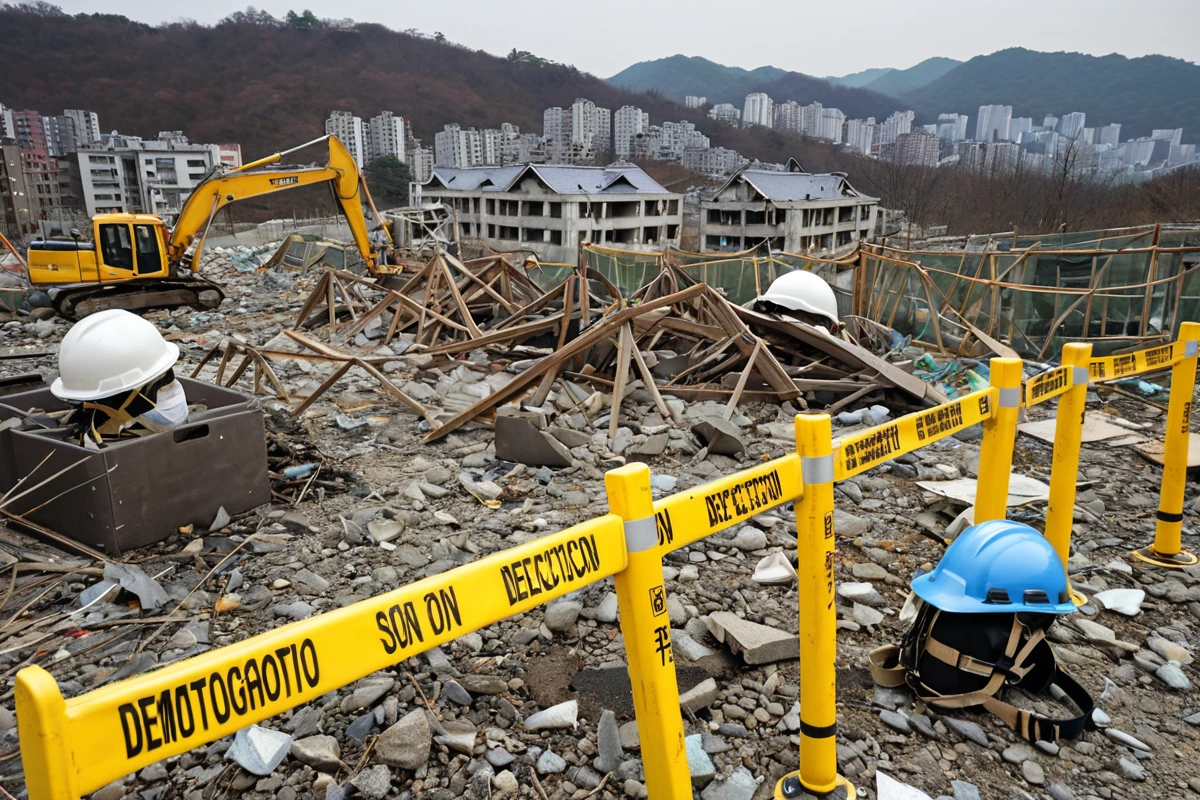 봉천동 노후화된 주택 철거 현장에서 안전 장비가 철저히 준비된 모습. 철거 중인 구조물 주변에 안전 바리케이드와 점검 표시가 놓인 사실적인 철거 현장.