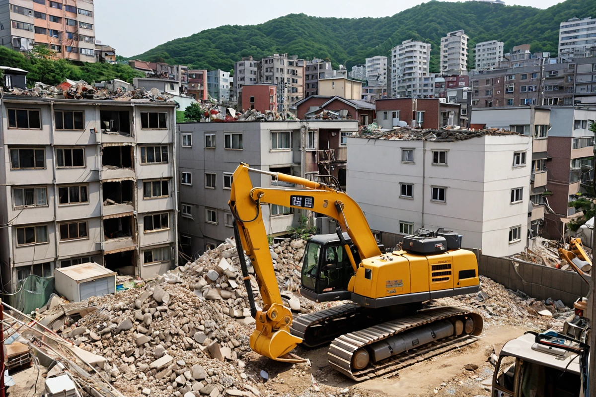 봉천동 밀집 주거지 주변에서 철거 작업 중인 장비가 주민 건물과 인접해 있는 모습. 소음과 진동을 방지하기 위한 방음막이 설치된 철거 현장의 구체적인 상황을 보여주는 사진.