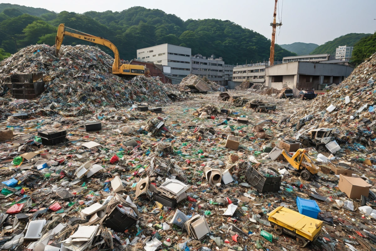 봉천동 상업 공간 철거 현장에서 폐기물 분류 작업이 진행 중인 장면. 폐기물의 양과 종류에 따라 정확히 분류된 쓰레기 더미가 배치된 사실적인 사진.