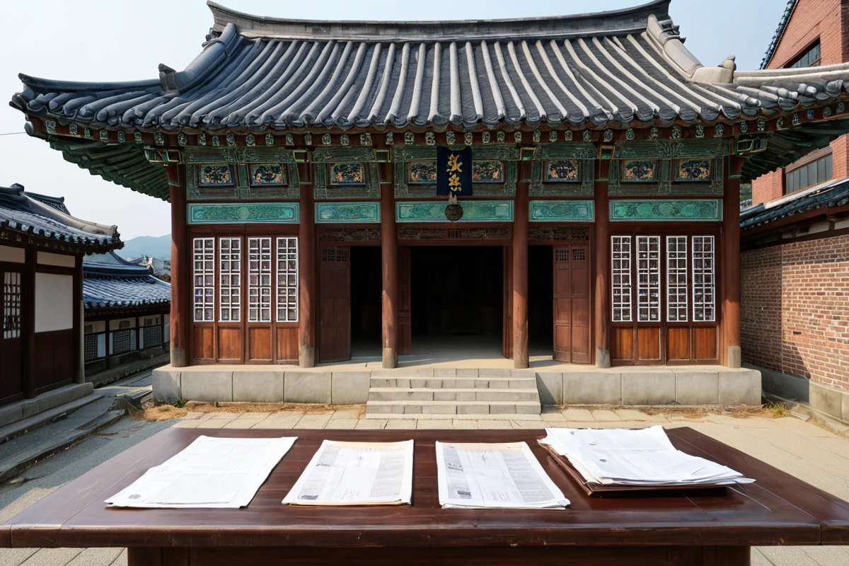 봉천동 역사적 건물의 외관과 함께 철거 전 문화재청 승인 서류가 놓인 테이블 위의 장면, 역사적 구조물의 세부 부분이 잘 드러나는 자연광 아래에서 촬영된 사진.