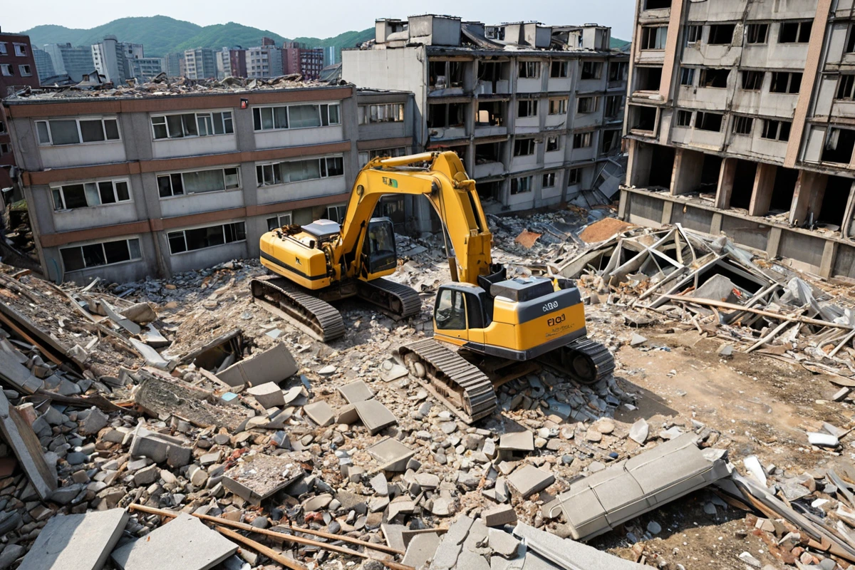 봉천동 오래된 주택 철거 현장, 구조물의 안정성을 점검하는 전문가용 장비가 놓여진 공간, 철거 중인 구조물의 일부가 보이는 사실적인 철거 현장 이미지