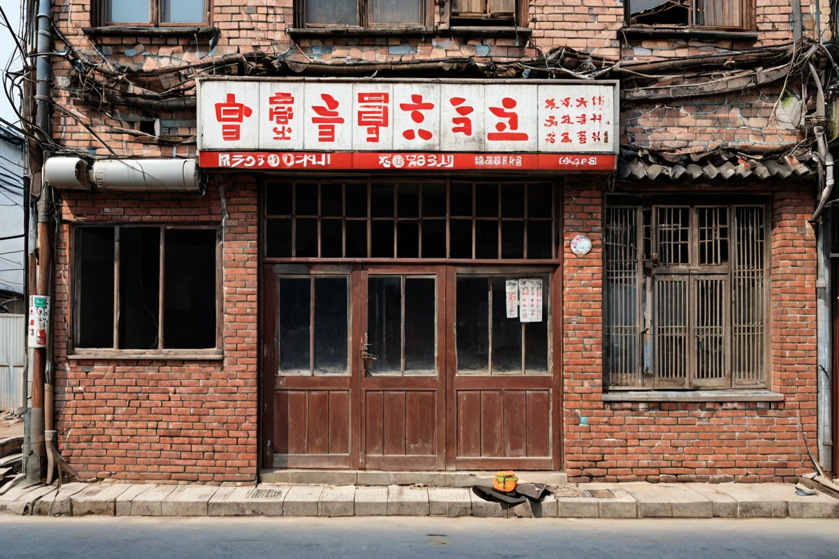 봉천동의 노후된 식당 건물 외부, 철거 전 현장에서 전문가가 구조물 상태를 점검하는 모습, 건물 벽면의 균열과 철거 표시가 뚜렷한 실루엣