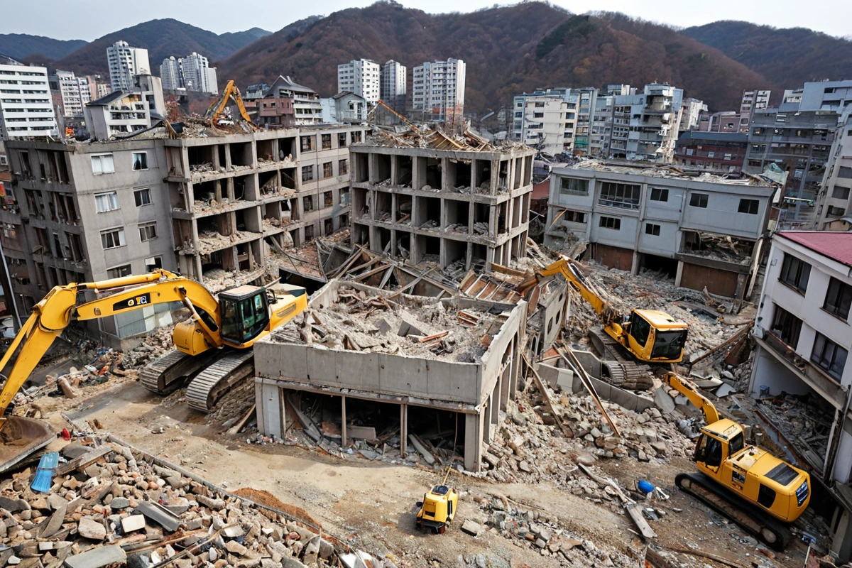 봉천동의 노후된 주택 철거 현장에서, 구조물의 손상된 부분과 철거 장비가 정리된 모습. 건물의 일부가 무너진 상태로, 철거 전 정밀 검사를 위한 측정 도구가 놓인 채로 자연스러운