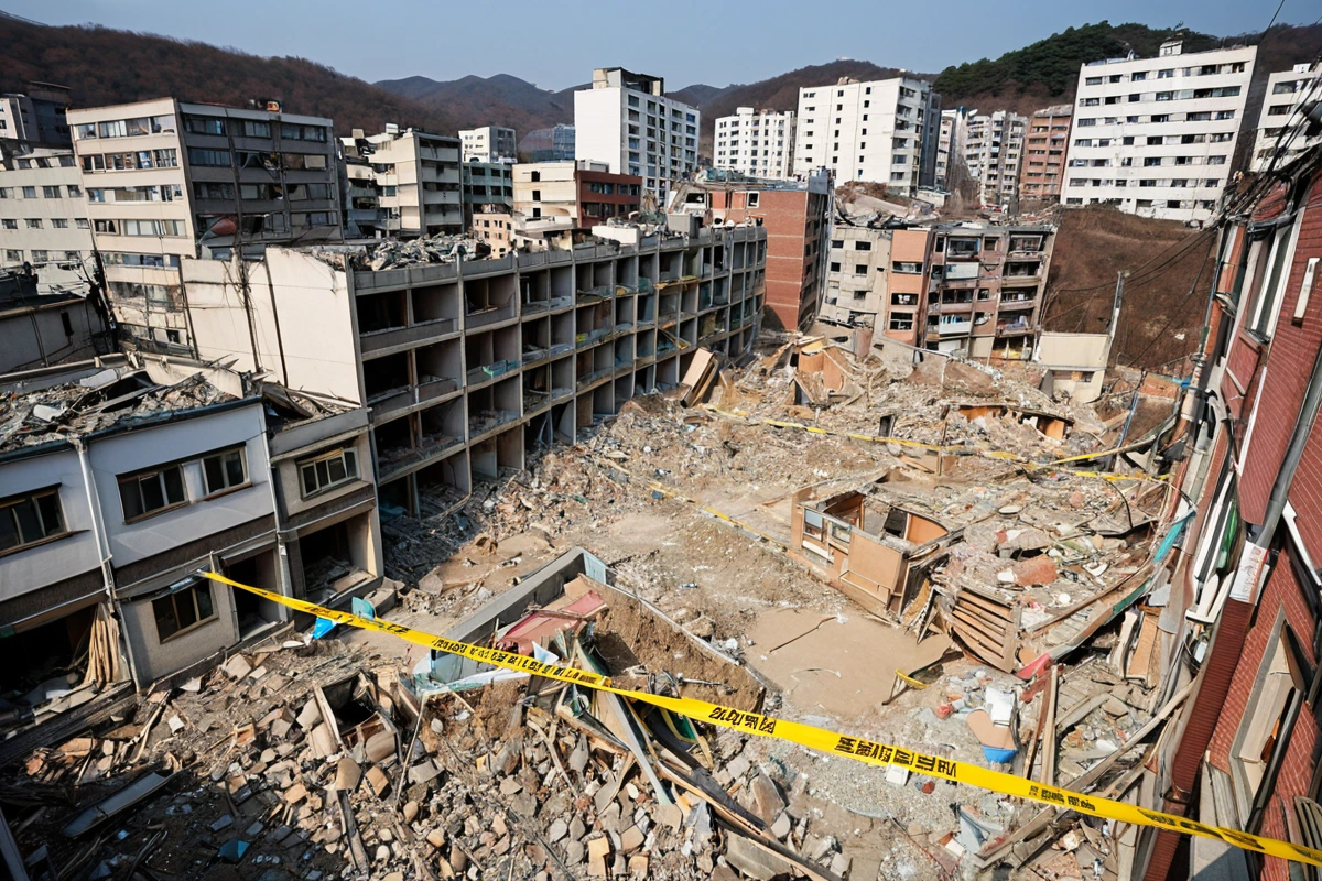 봉천동 주거 밀집 지역의 주택 철거 현장. 주변 건물과의 거리가 확인 가능한 철거 작업 중인 주택 주변. 철거 시 주변 건물에 대한 안전 거리가 표시된 안전 테이프가 놓여 있는 모