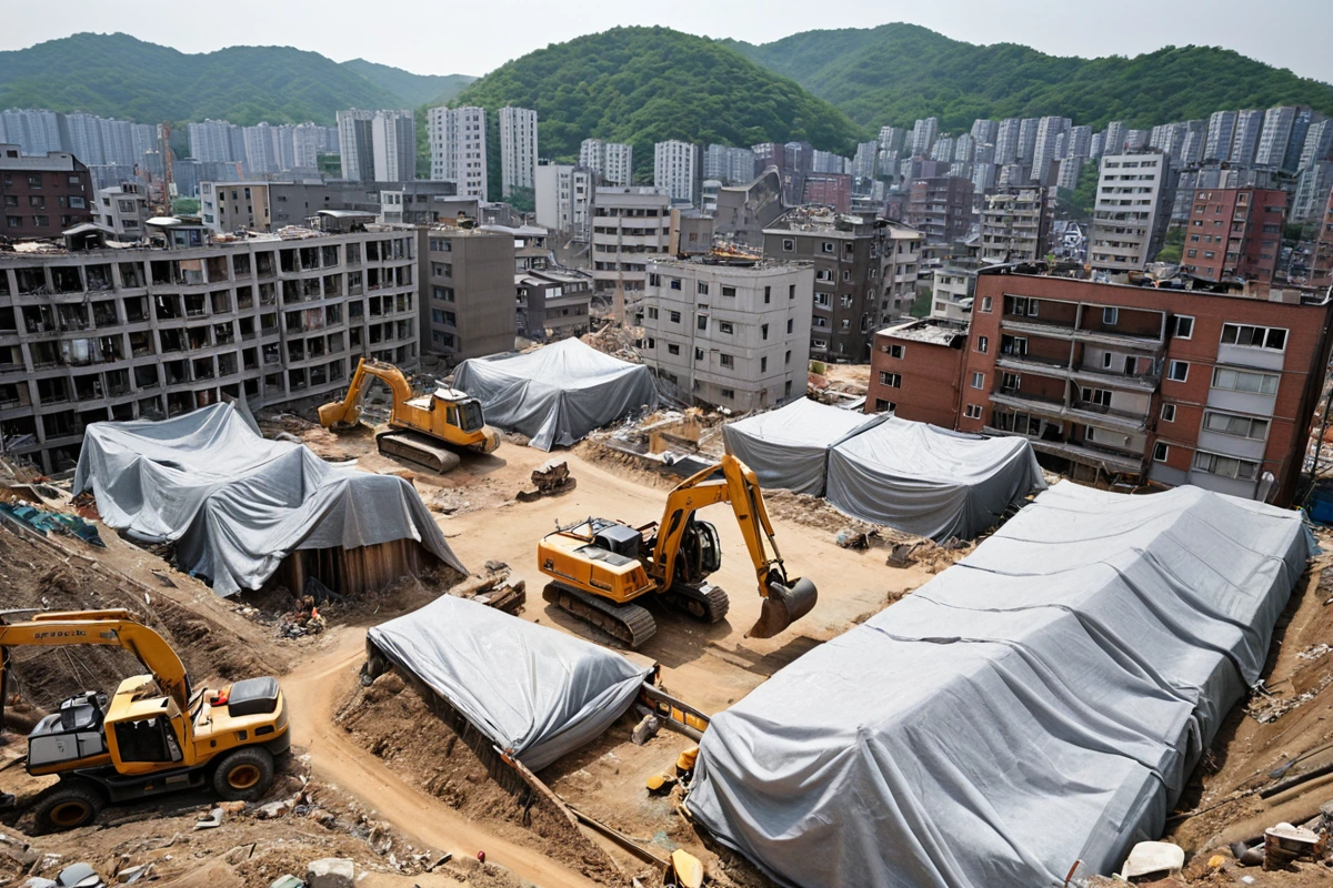 봉천동 주거 밀집 지역의 철거 현장에서 먼지와 소음을 최소화하기 위해 철거 장비가 철저히 덮여 있는 모습. 주변 건물과의 거리가 가까운 주거지역에서의 철거 작업이 조용하고 깨끗하게
