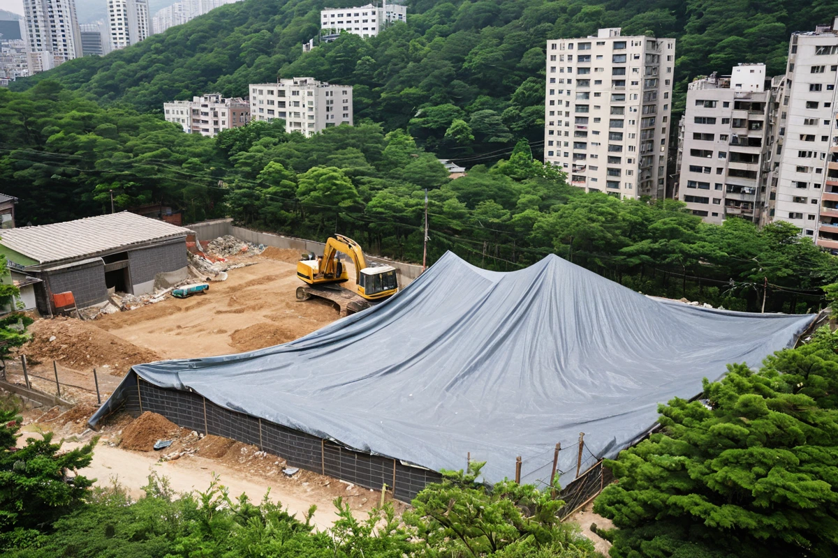 봉천동 주거 지역에서 철거 작업 중 먼지 차단을 위한 특수 방진 천이 설치된 모습. 주변 건물과 나무들이 보이며, 철거 현장 주변에 철제 울타리가 설치되어 소음과 먼지가 주민에게