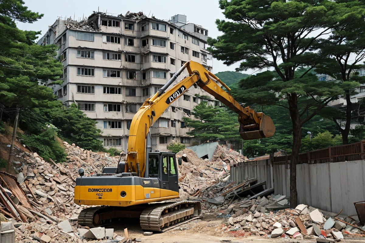 봉천동 주거지역에서 철거 작업 중인 장비가 조용하게 움직이는 모습. 주변 아파트 벽면과 나무 사이로 철거 장비가 보이는 자연스러운 도시 풍경.