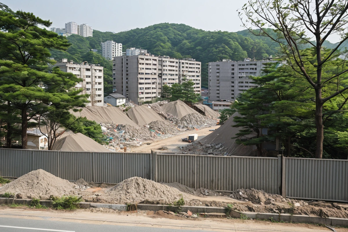 봉천동 주거 지역의 철거 작업 중 소음과 먼지를 최소화하기 위해 설치된 방진 천과 소음 차단 장치가 있는 철거 현장, 주변 주택과 나무가 배경으로 보이는 사실적인 철거 작업 장면