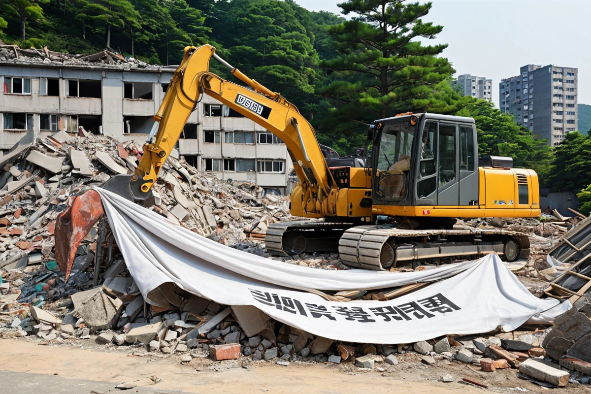 봉천동 주거 지역의 철거 현장에서 인근 주민과의 소통을 위한 안내 현수막이 걸린 철거 장비와 함께 정리된 작업 현장, 주변 건물과 나무가 배경으로 보이는 자연스러운 철거 작업 장면