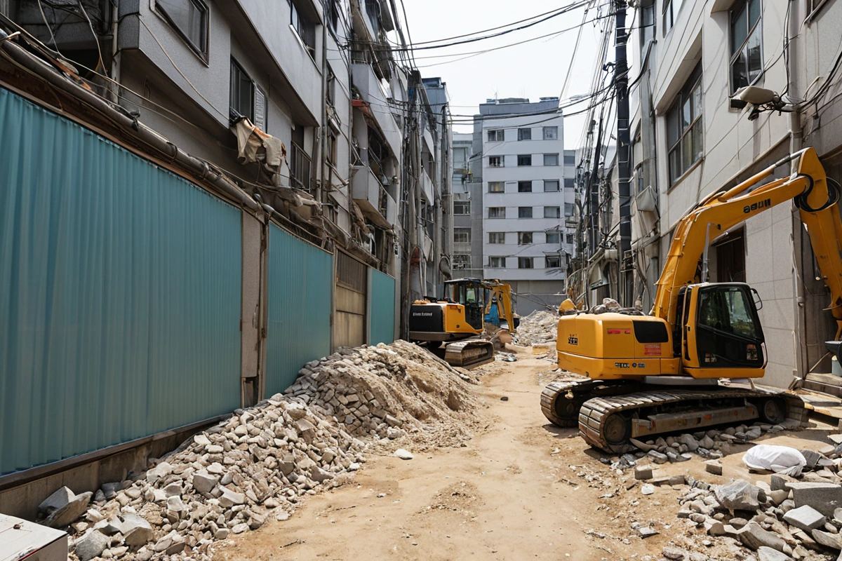 봉천동 주거 지역의 철거 현장, 주변 건물과의 거리가 좁은 곳에서 철거 장비가 소음 방지를 위한 특수 커버를 설치한 모습, 먼지 방지용 비닐 천막이 펼쳐진 채로 철거 작업 중인 장