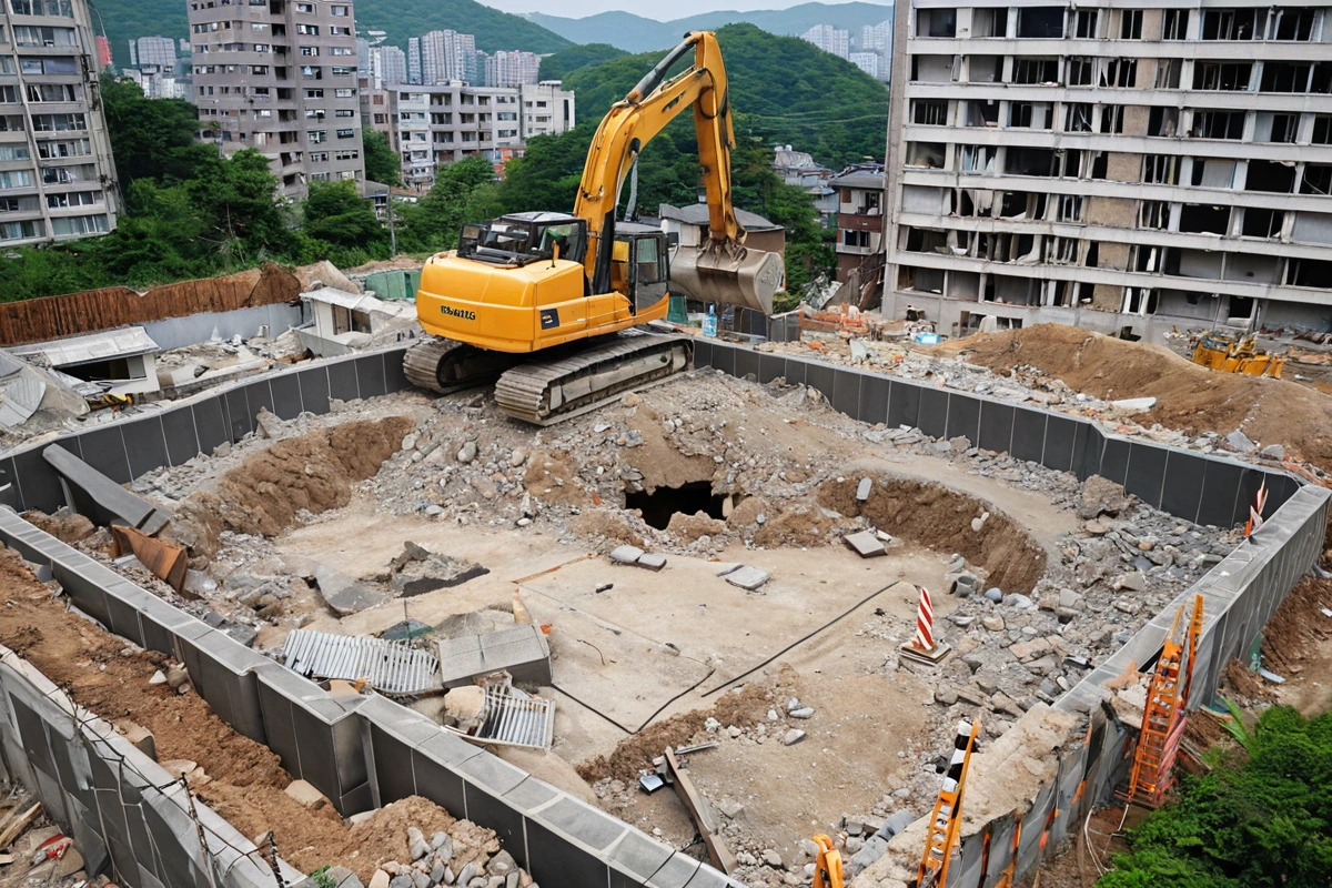 봉천동 주거지 인근에서 철거 작업 중 보강 작업이 완료된 건물과 경계선이 설정된 철거 현장. 철거 장비가 주변 시설을 보호하기 위해 정확히 위치한 모습.