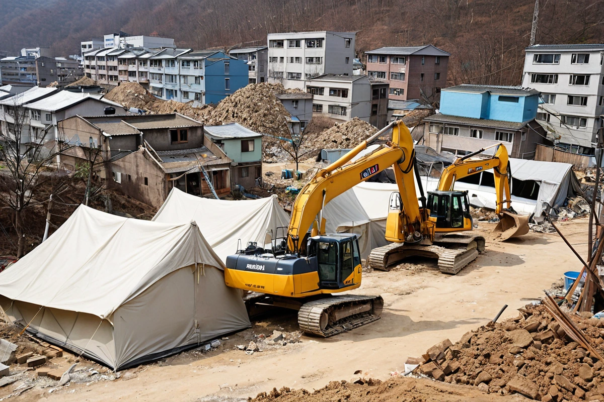 봉천동 주택가의 철거 현장, 주변 주거지역을 배경으로 철거 장비가 조용히 정비 중인 모습, 먼지 차단 천막이 주변 주택의 창문을 가리지 않도록 세심하게 설치된 모습