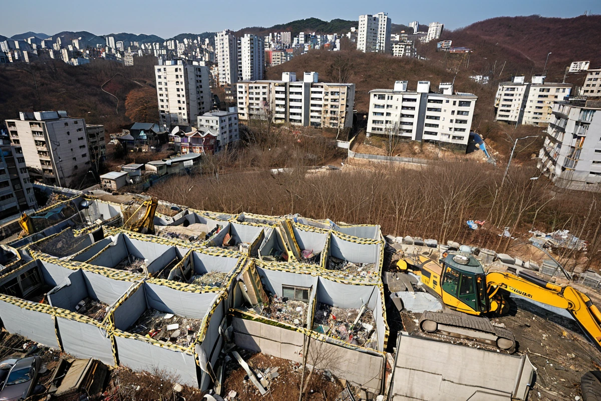 봉천동 주택 밀집 지역에서 철거 작업 중인 장면. 주변 건물과의 거리가 가까운 곳에서 작업 중인 철거 장비가 소음 방지 테이프로 감싸진 상태. 주변 건물의 창문이 닫혀 있는 모습이