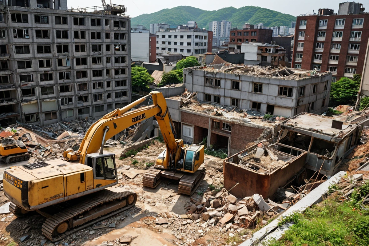 봉천동 주택 밀집 지역에서 철거 중인 주택 외관. 주변에 다른 주택들이 보이면서 철거 작업 중인 장비가 주변 건물과의 거리를 고려해 조심스럽게 움직이고 있습니다.