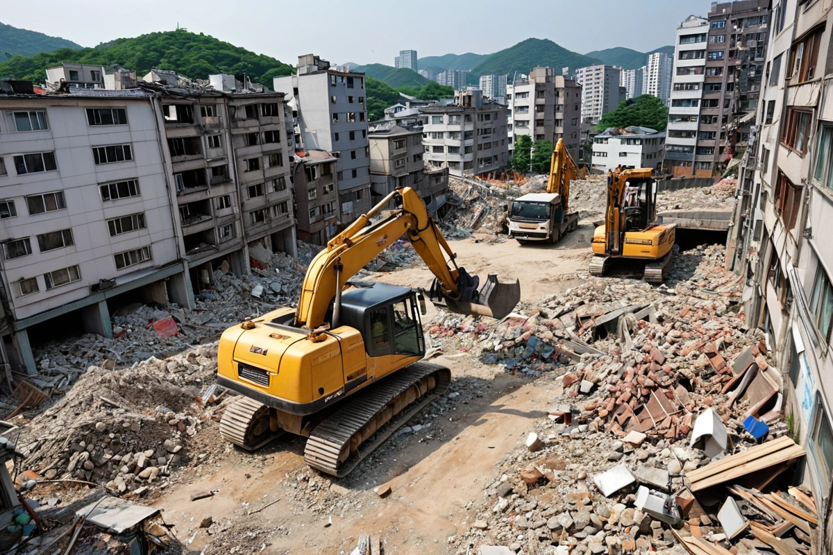 봉천동 주택 밀집 지역의 철거 현장, 교통 혼잡과 소음 문제를 고려한 철거 작업 장비가 주변 건물과 조화롭게 배치된 실제적인 장면