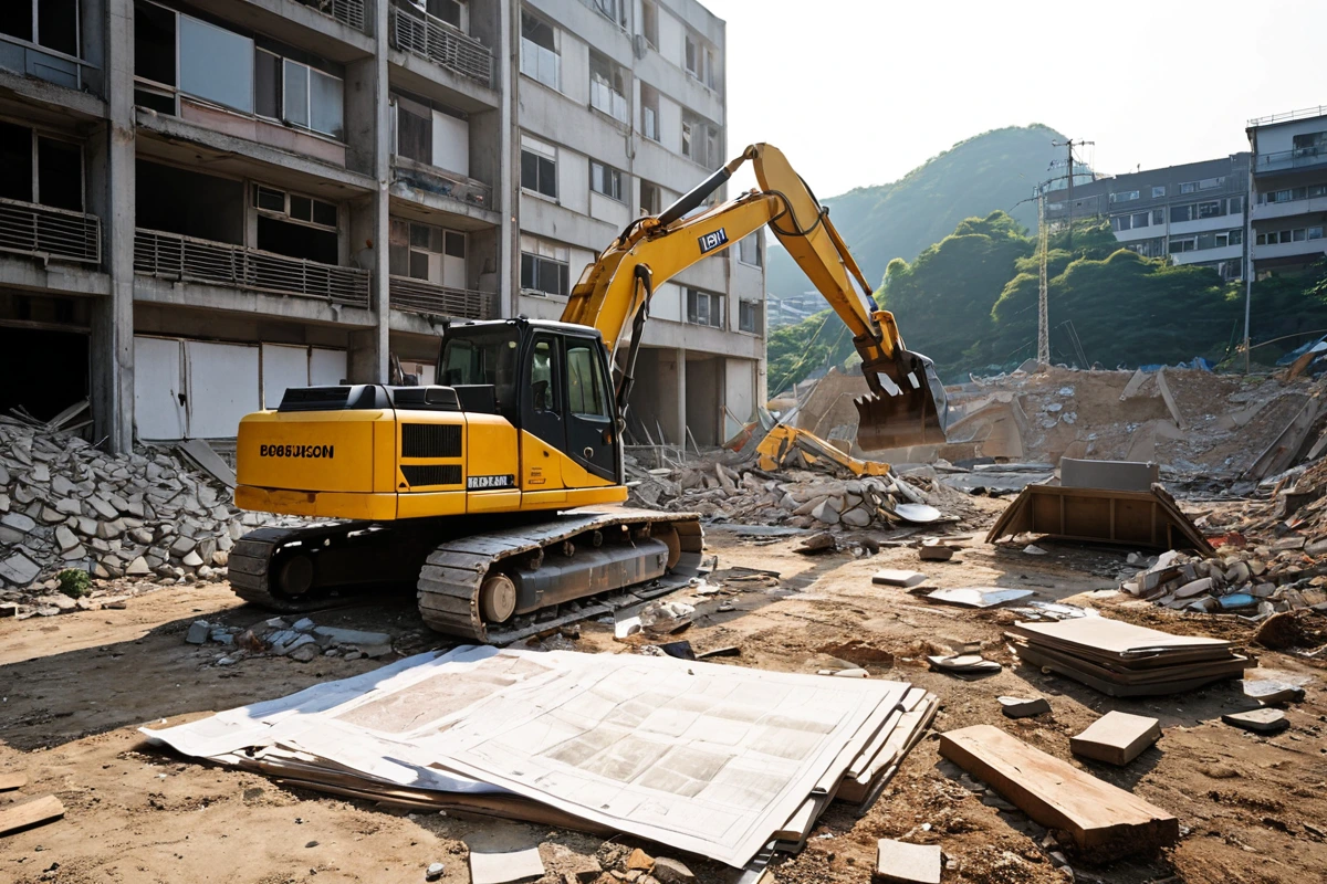 봉천동 주택 철거 계획서와 철거 장비가 함께 놓인 현장. 계획서의 내용이 보이지 않도록 주변에 철거 장비와 구조도가 정리된 모습. 햇빛이 들어오는 철거 현장의 평온한 분위기.