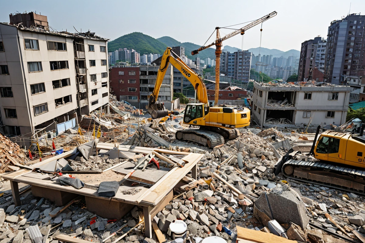 봉천동 주택 철거 비용, 3단계로 정확하게 계산하는 법, 철거 비용 계산 시 주의사항 관련 실제 현장을 담은 사실적인 사진, 사람(인물)이 전혀 등장하지 않게 합니다. 손·팔·뒷모