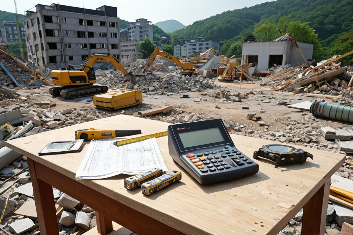 봉천동 주택 철거 비용, 3단계로 정확하게 계산하는 법, 철거 비용 산정에 영향을 미치는 3가지 주요 요인 관련 실제 현장을 담은 사실적인 사진, 사람(인물)이 전혀 등장하지 않게