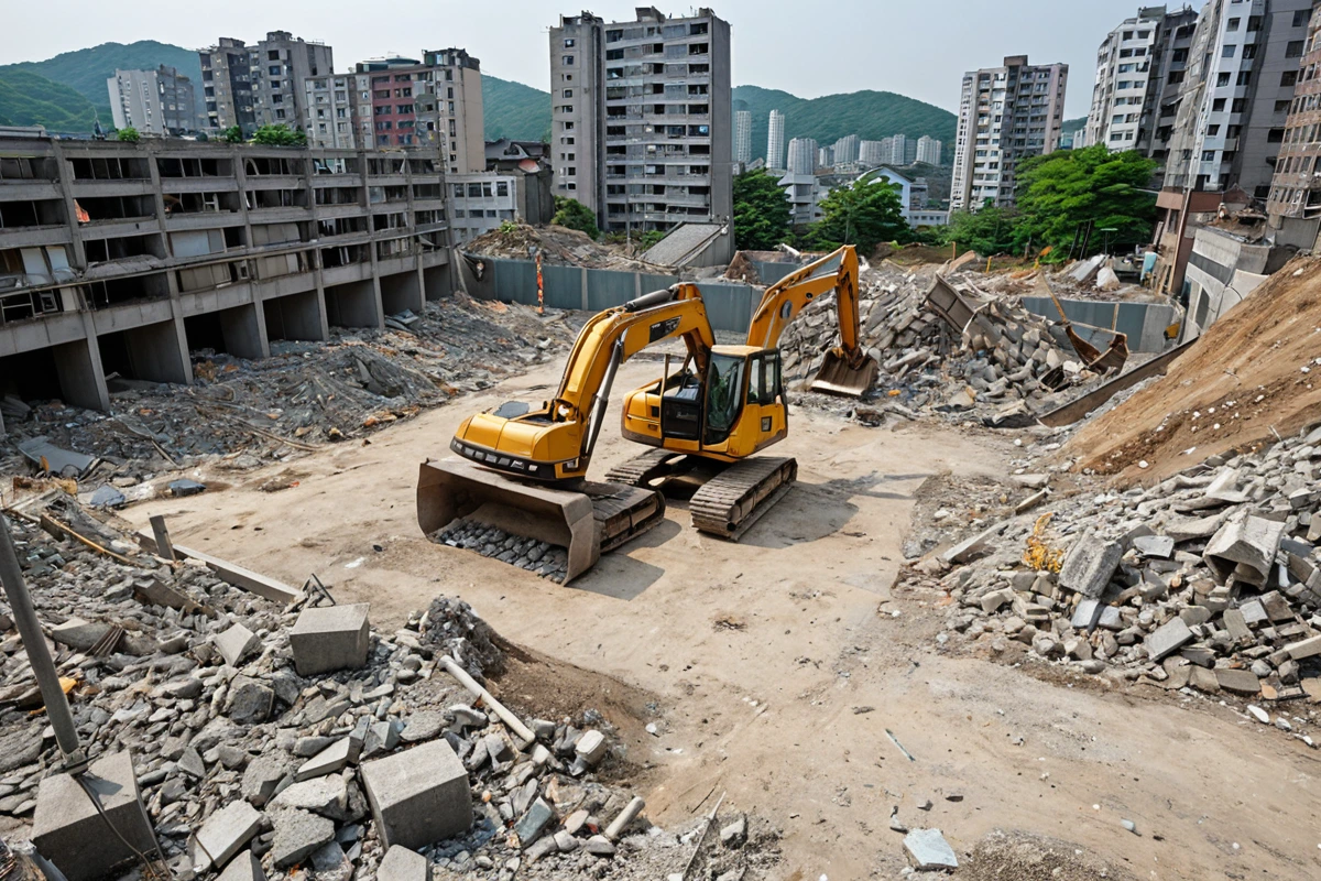 봉천동 주택 철거 비용, 3단계로 정확하게 산정하는 법, 봉천동 주택 철거 시 주의사항 관련 실제 현장을 담은 사실적인 사진, 사람(인물)이 전혀 등장하지 않게 합니다. 손·팔·뒷