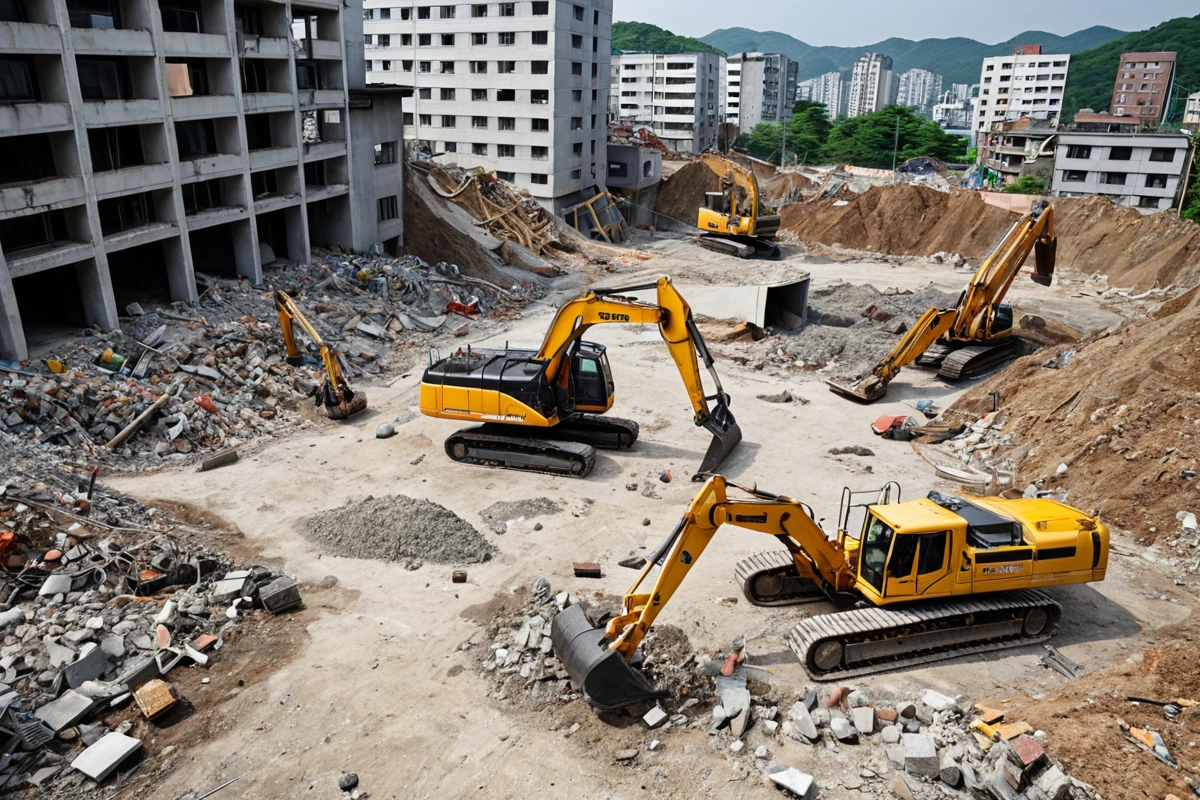 봉천동 주택 철거 비용, 3단계로 정확한 산정 체계, 철거 비용 산정 시 주의할 점 관련 실제 현장을 담은 사실적인 사진, 사람(인물)이 전혀 등장하지 않게 합니다. 손·팔·뒷모습