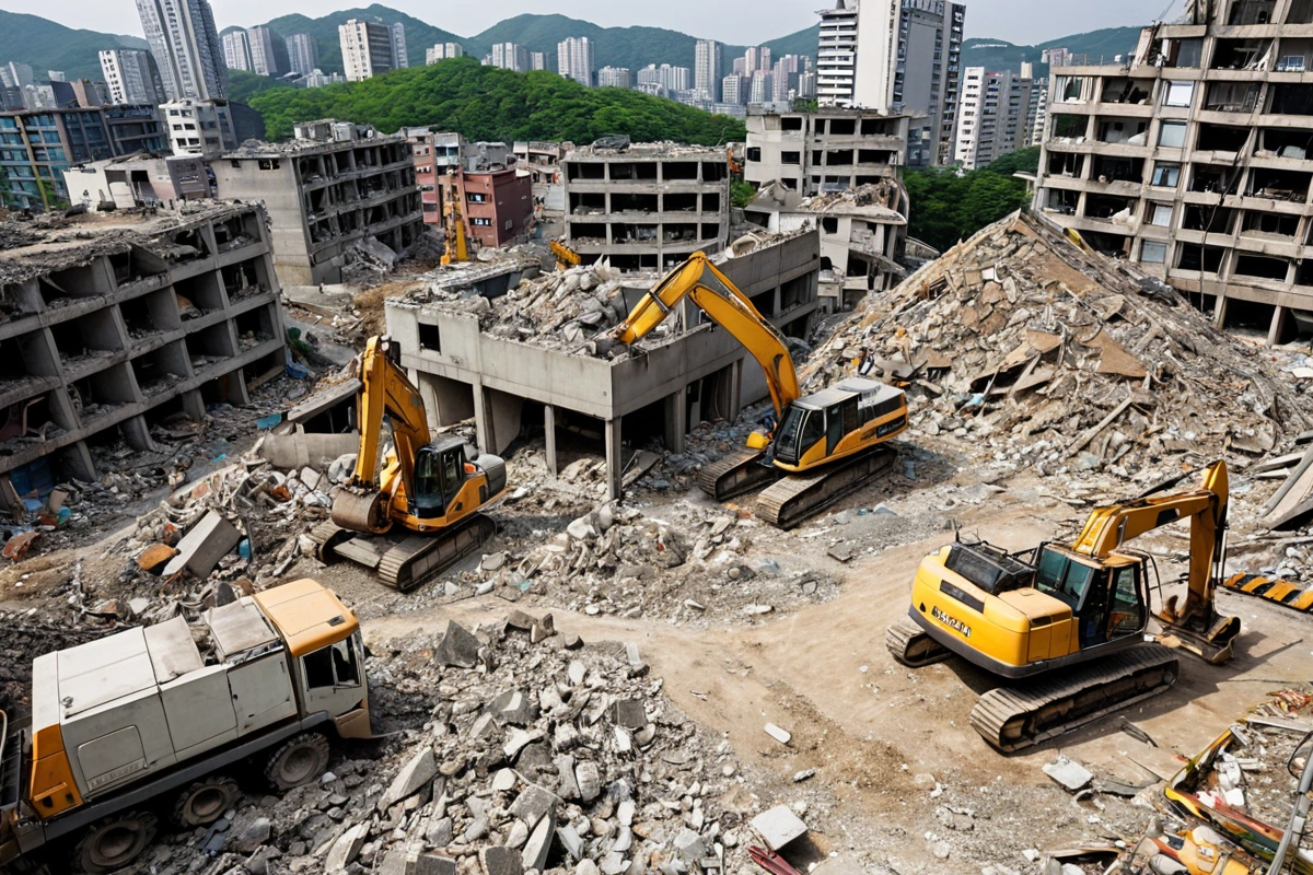 봉천동 주택 철거 비용, 3단계로 합리적 산정 가이드, 서울 역삼동 내부 철거의 주의사항 관련 실제 현장을 담은 사실적인 사진, 사람(인물)이 전혀 등장하지 않게 합니다. 손·팔·