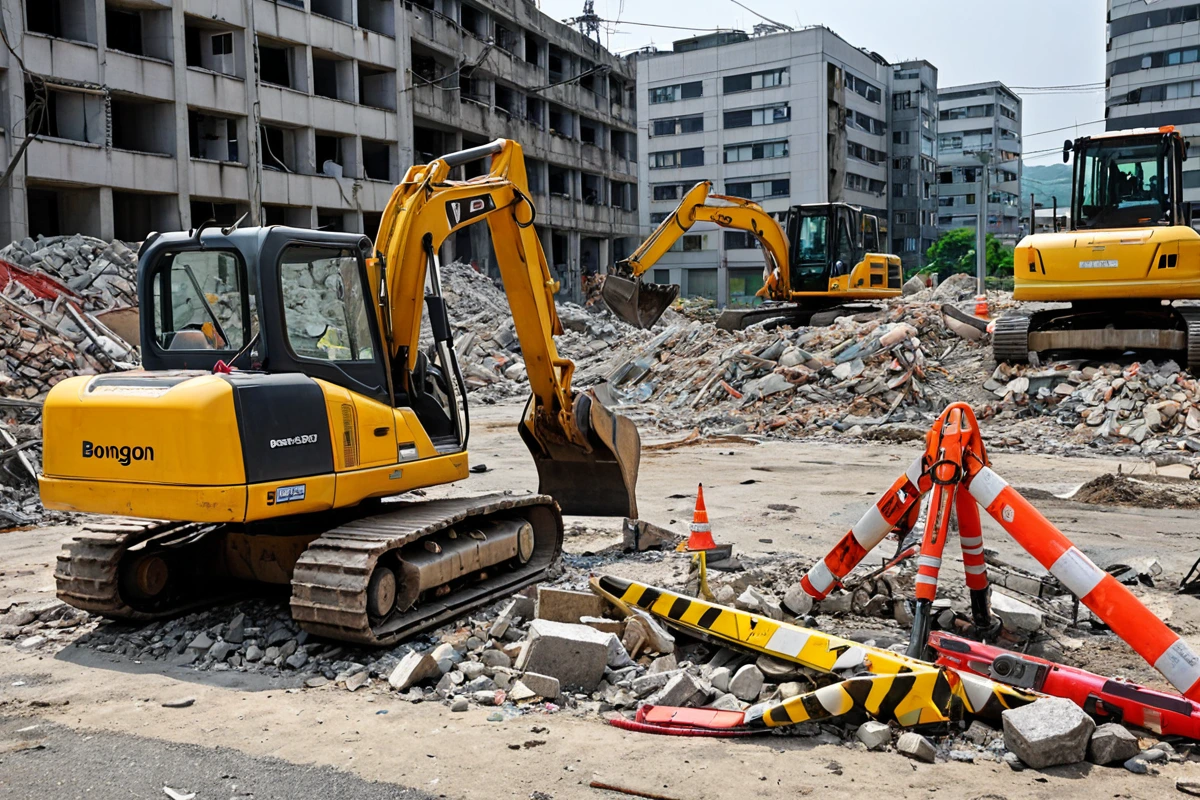 봉천동 주택 철거 비용, 3단계 점검으로 정확한 산정 가이드, 철거 과정에서의 안전 관리 관련 실제 현장을 담은 사실적인 사진, 사람(인물)이 전혀 등장하지 않게 합니다. 손·팔·