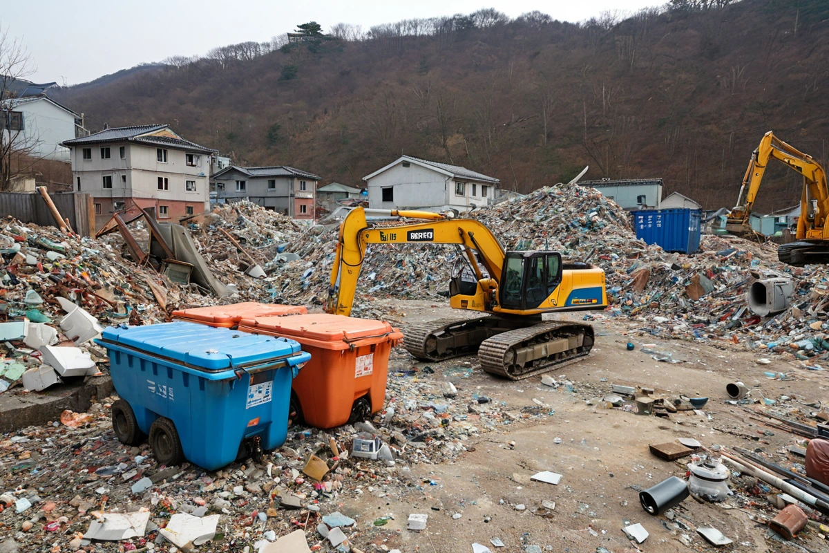 봉천동 주택 철거 비용, 3단계 점검으로 정확한 산정 가이드, 철거 점검 2단계: 폐기물 처리 방식 검토 관련 실제 현장을 담은 사실적인 사진, 사람(인물)이 전혀 등장하지 않게