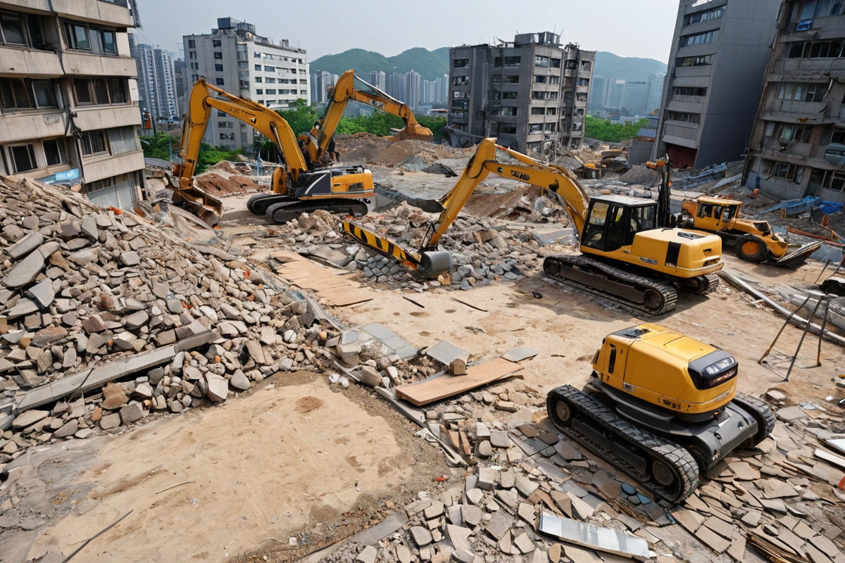 봉천동 주택 철거 비용, 3단계 점검으로 정확한 산정 방법, 서울 용산구 한남동 바닥 철거 비용의 특이점 관련 실제 현장을 담은 사실적인 사진, 사람(인물)이 전혀 등장하지 않게